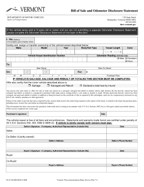  Bill of Sale and Odometer Disclosure Statement Vermont Dmv Vermont 2014