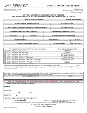  Special Excess Weight Permit Vermont Department of Motor Vehicles Dmv Vermont 2012