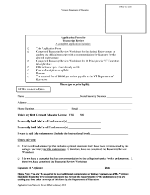 Application Form Transcript Review Vermont Department of Education Vermont