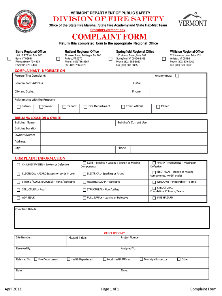  Fire Complaint Form 2012-2024