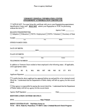 Vermont Fingerprint Authorization Certificate  Form