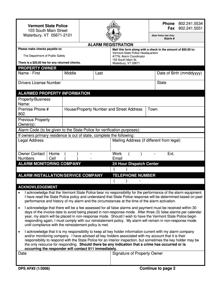 Vermont State Police Alarms Form