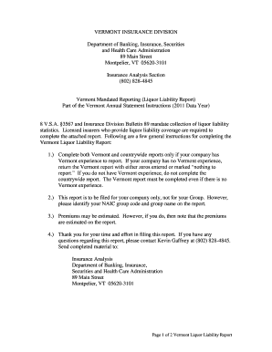 Vermont Mandated Liquor Liability Report Form