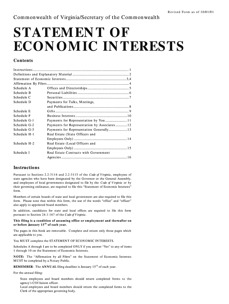  Va Code of Ethics Statement of Economic Interests Form 2001