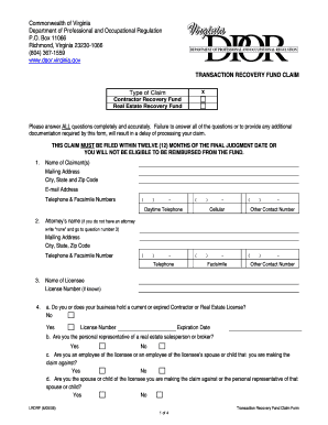Virginia Real Estate Recovery Fund Claim Form Instructions