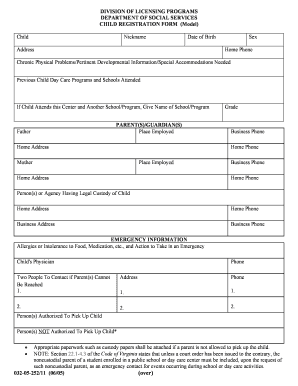 Child Registration Virginia Department of Social Services Dss Virginia  Form