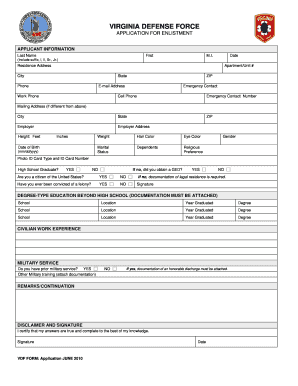 VDF Application for Enlistment the Virginia Defense Force  Form