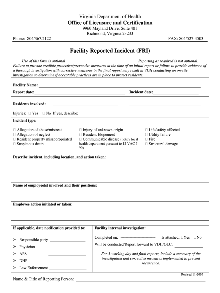  Facility Reported Incident Form Virginia 2007-2024