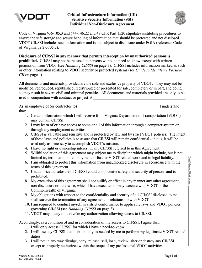  Vendor Confidentiality Statement for Access to Virginia Department of Transportation VDOT Information and Security Systems V 2004-2024