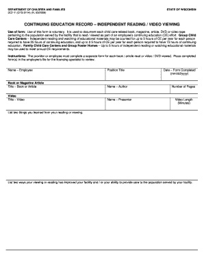  Continuing Education Record Independent Reading Video Viewing, DCF F CFS 2114 Form Dcf Wisconsin 2009