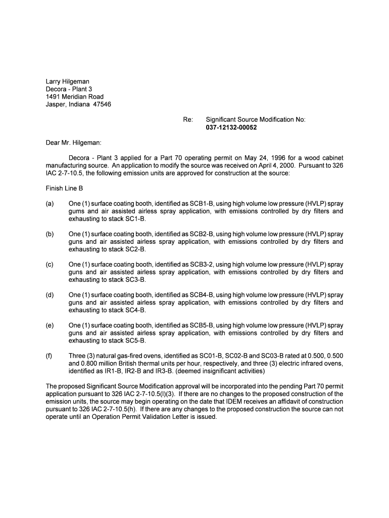 Larry Hilgeman Decora Plant 3 1491 Meridian Road Jasper, Indiana 47546 Re Dear Mr Permits Air Idem in  Form