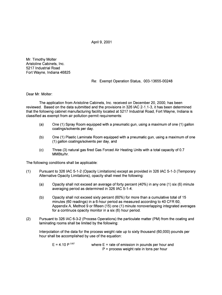 April 9, Mr Timothy Molter Aristoline Cabinets, Inc 5217 Permits Air Idem in Form