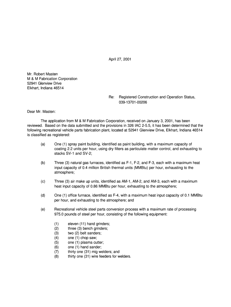 April 27, Mr Robert Masten M &amp; M Fabrication Corporation Permits Air Idem in  Form