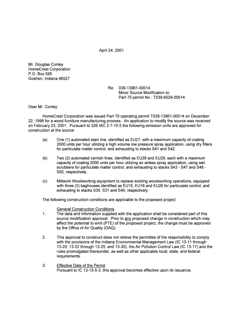 April 24, Mr Douglas Conley HomeCrest Corporation P O Box Permits Air Idem in  Form