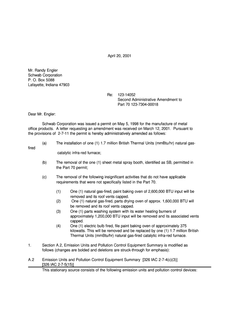 Box 5088 Lafayette, Indiana 47903 Re 123 14052 Second Administrative Amendment to Part 70 123 7304 00018 Permits Air Idem in  Form