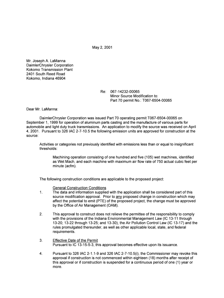 LaManna DaimlerChrysler Corporation Kokomo Transmission Plant 2401 South Reed Road Kokomo, Indiana 46904 Re 067 14232 00065 Mino  Form