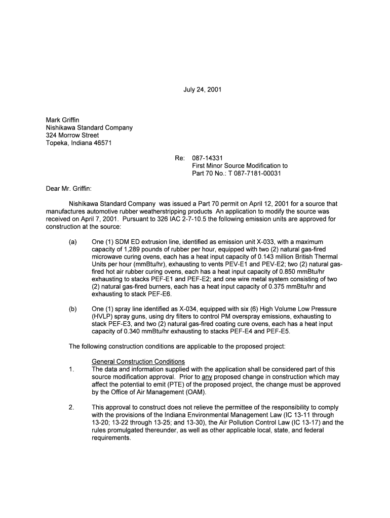 Mark Griffin Nishikawa Standard Company 324 Morrow Street Topeka, Indiana 46571 Re 087 14331 First Minor Source Modification to   Form