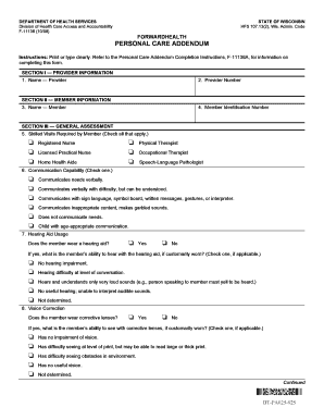 ForwardHealth Personal Care Addendum, F11136 ForwardHealth Personal Care Addendum Dhs Wisconsin  Form