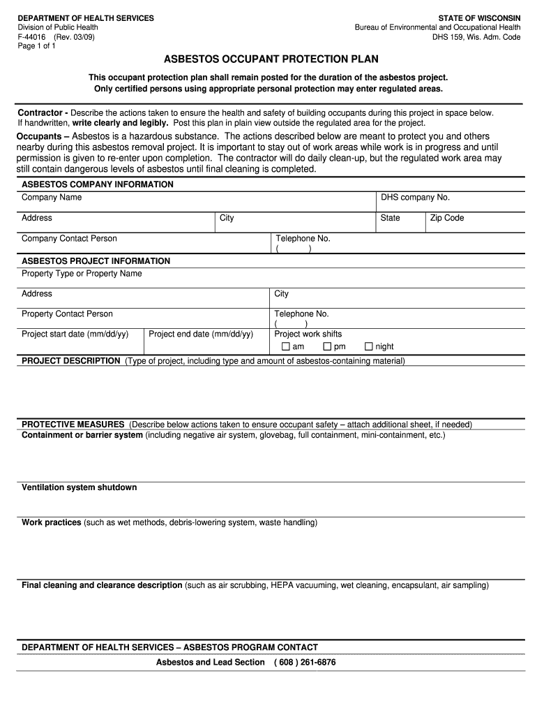  Asbestos Occupant Protection Plan Form 2009-2024