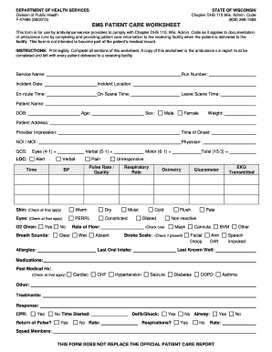  EMS Patient Care Worksheet Wisconsin Department of Health Dhs Wisconsin 2008