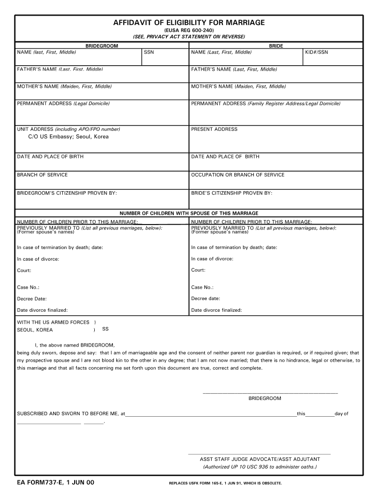  Affidavit of Eligibility for Marriage 2000-2024