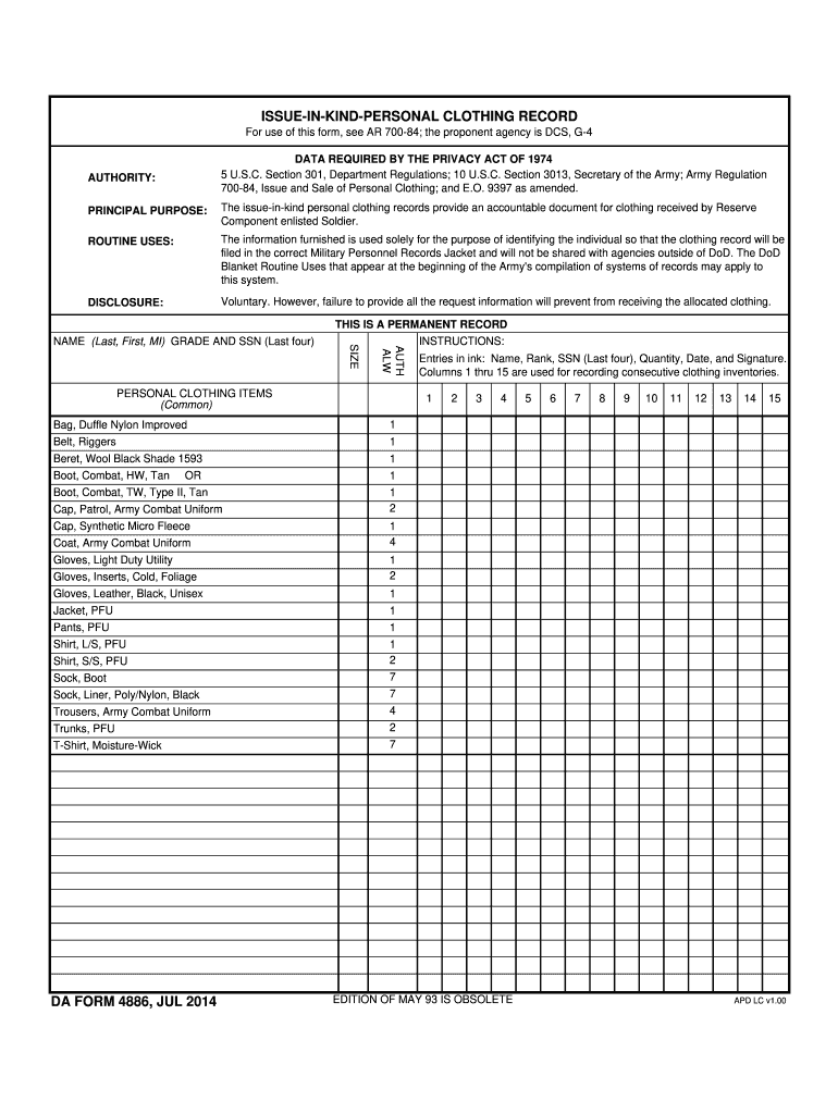 Army Clothing Record  Form