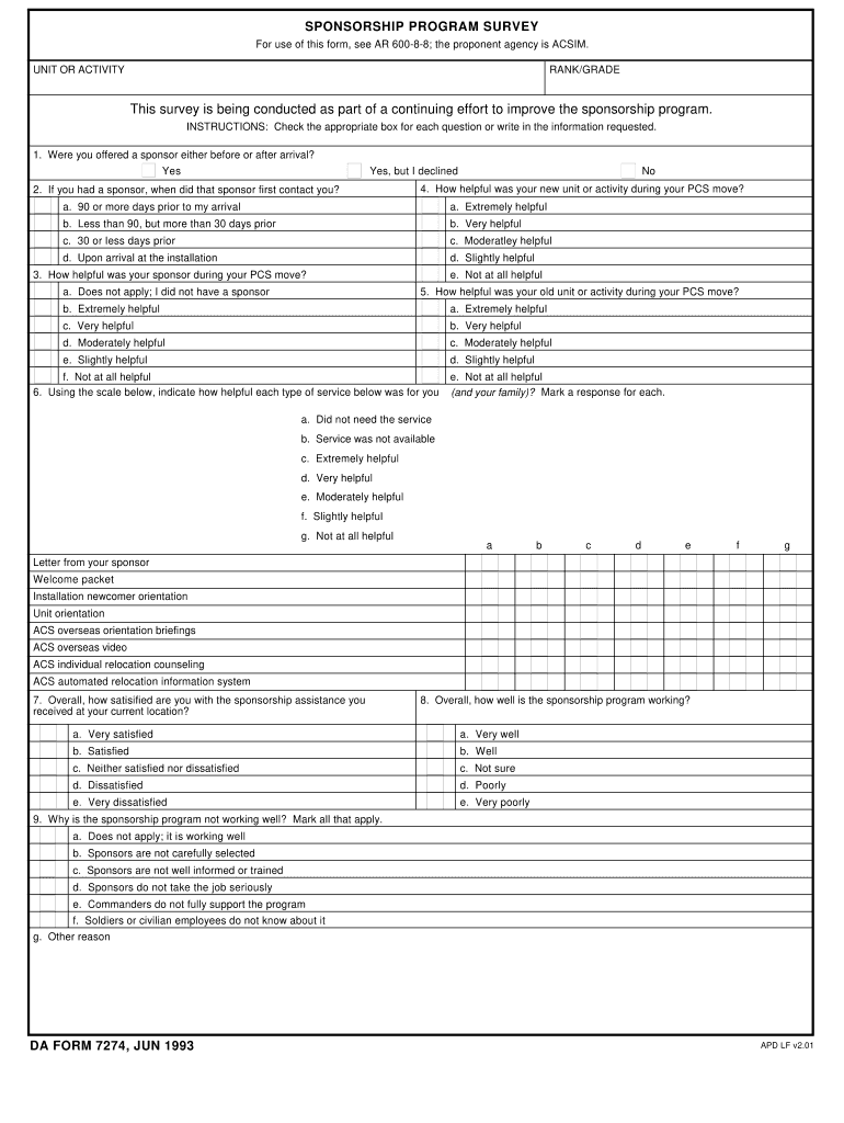  Da Form 7274 1993-2024