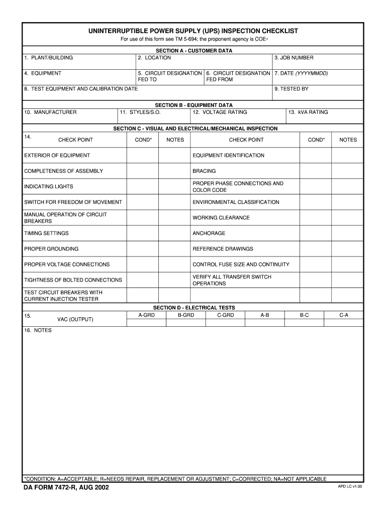 UNINTERRUPTIBLE POWER SUPPLY UPS INSPECTION CHECKLIST DA FORM 7472 R, AUG Armypubs Army