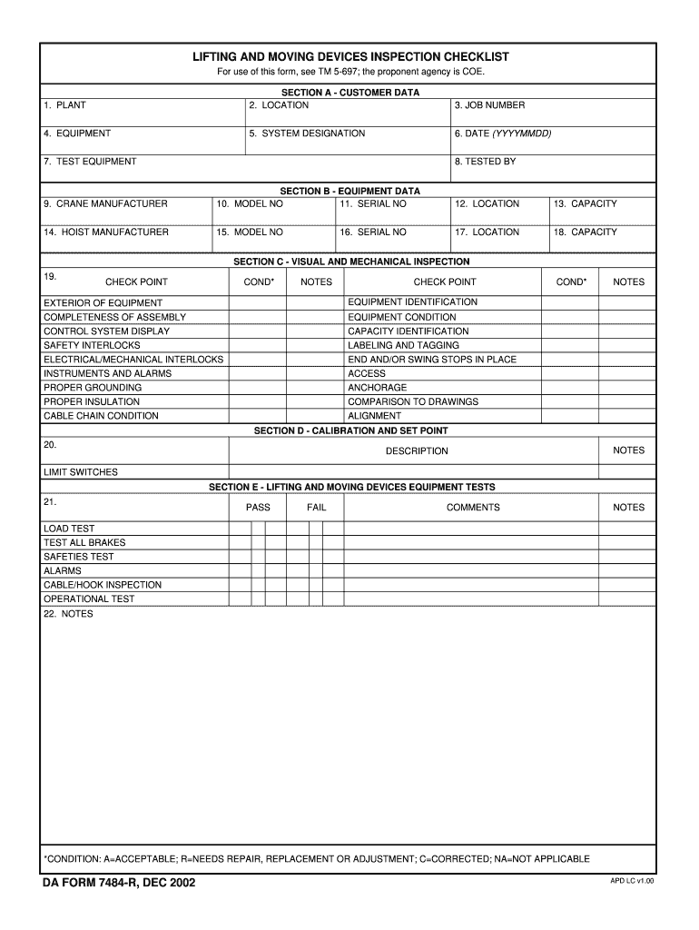  LIFTING and MOVING DEVICES INSPECTION CHECKLIST DA FORM 7484 R, DEC  Armypubs Army 2002-2024