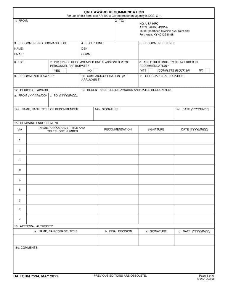  Da Form 7594 2011-2024