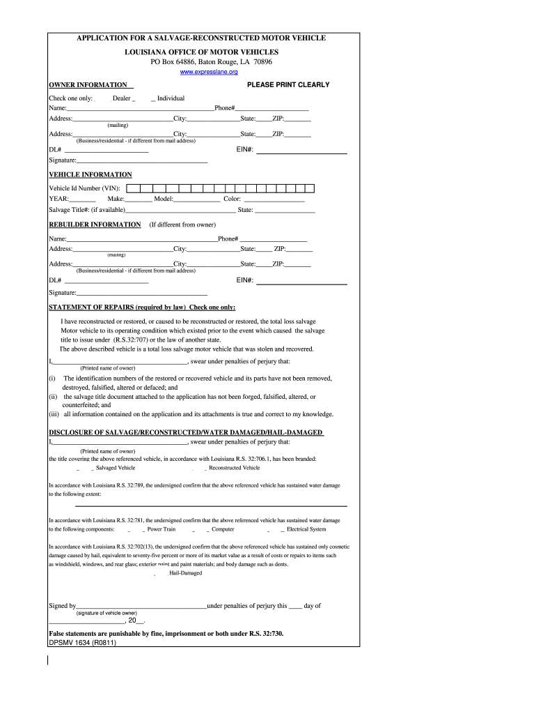 Application for a Salvage Reconstructed Motor Vehicle Louisiana  Form