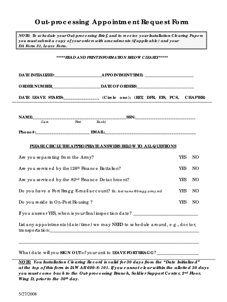 Get and Sign Fort Bragg Out Processing 2008-2022 Form