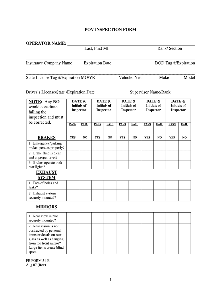 Army Pov Inspection Sheet Fill Out and Sign Printable PDF Template