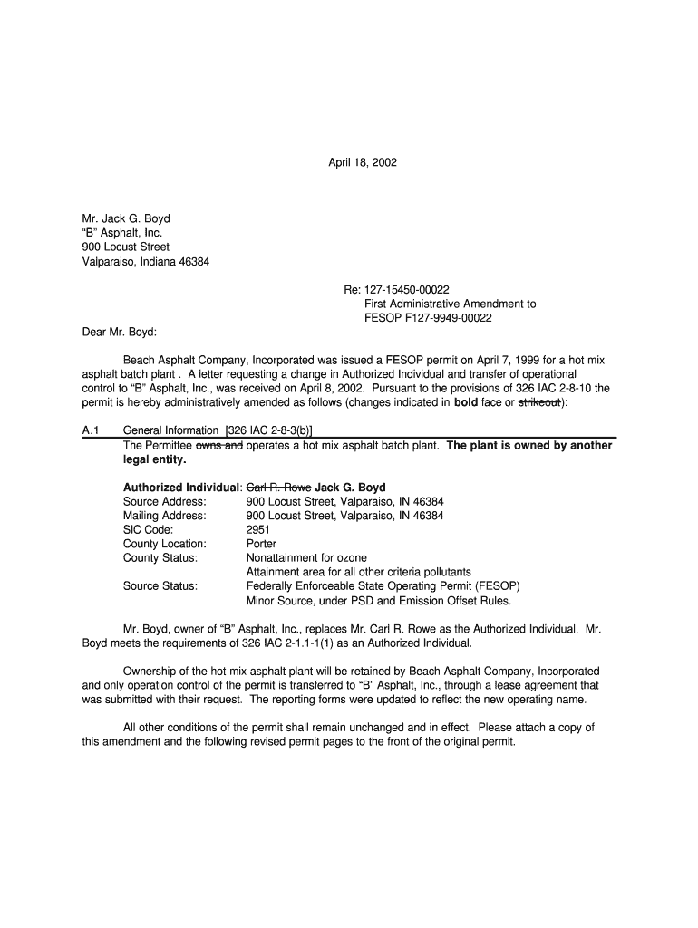 B Asphalt, Inc 900 Locust Street Valparaiso, Indiana in Gov Permits Air Idem in  Form