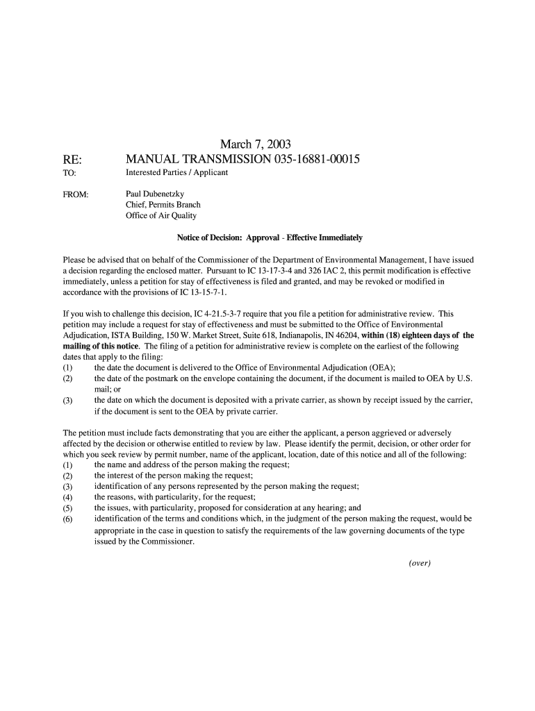 Interested Parties Applicant Paul Dubenetzky Chief, Permits Branch Office of Air Quality Notice of Decision Approval Effective I  Form