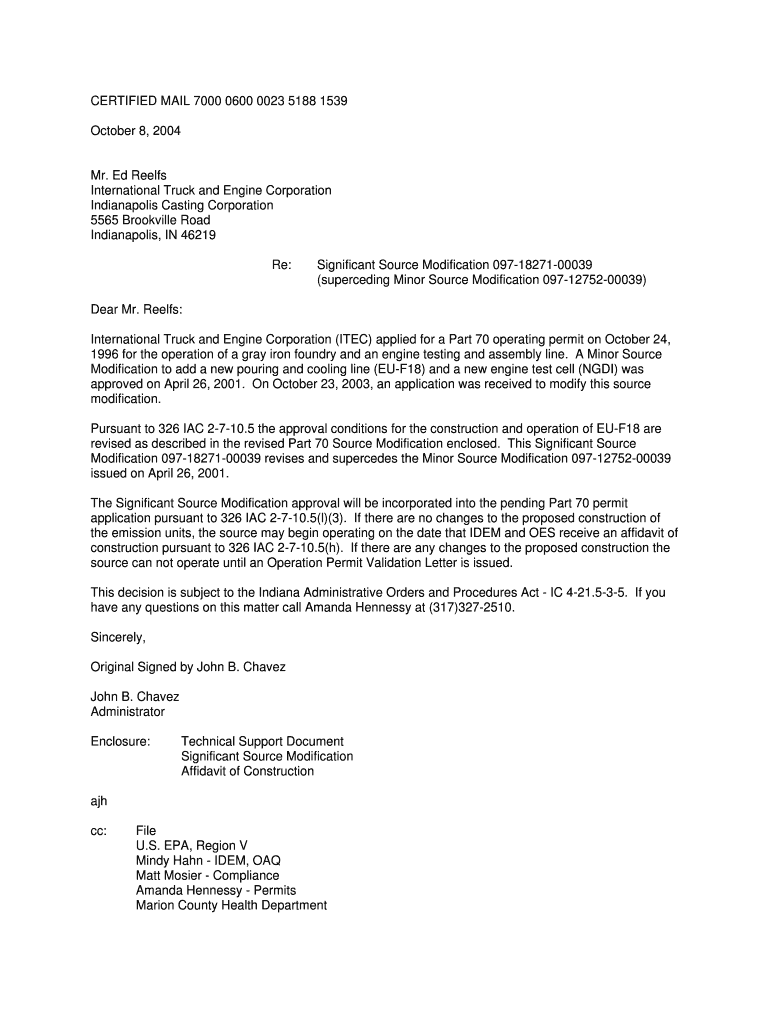 Part 70 Significant Source Modification State of Indiana Permits Air Idem in  Form