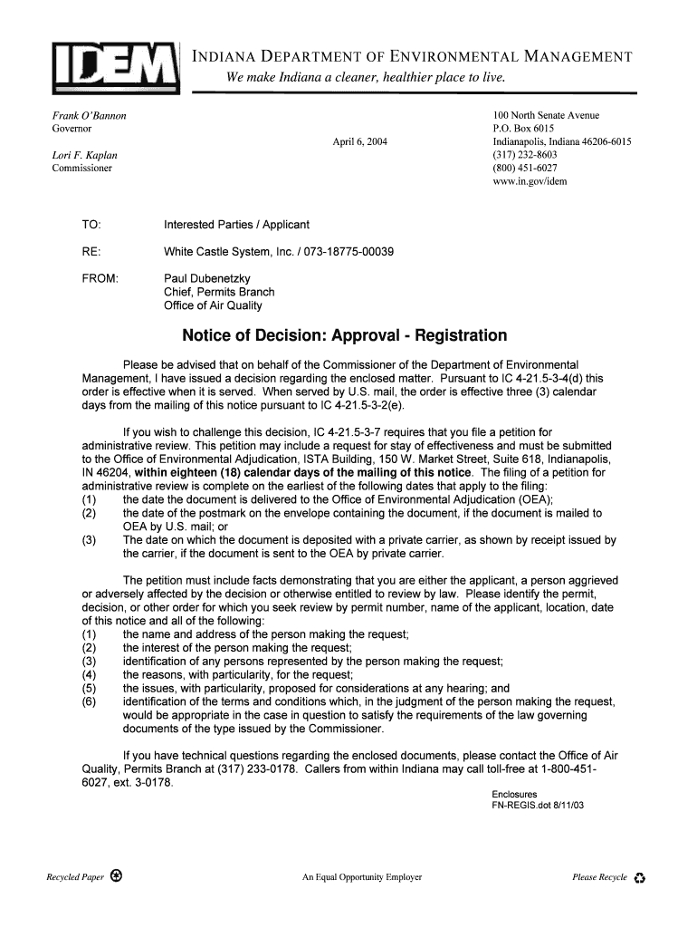 Governor April 6, 100 North Senate Avenue P Permits Air Idem in  Form