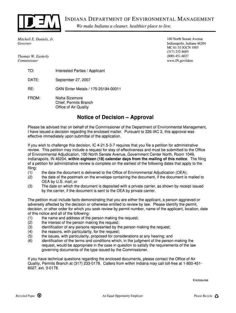Notice of Decision Approval State of Indiana Permits Air Idem in  Form