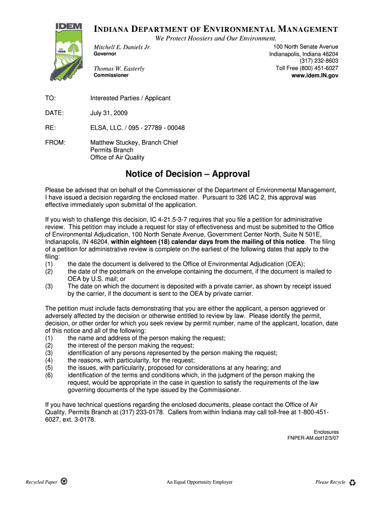 095 27789 00048 Matthew Stuckey, Branch Chief Permits Branch Office of Air Quality Permits Air Idem in  Form