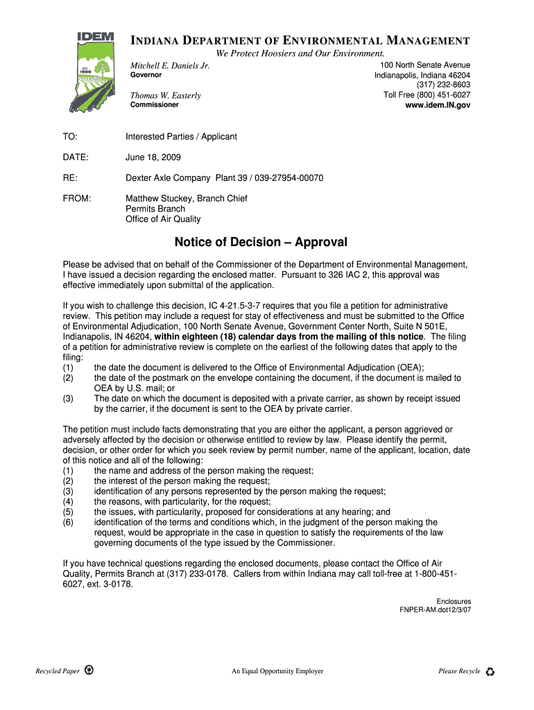 Interested Parties Applicant June 18, Dexter Axle Company Plant 39 039 27954 00070 Matthew Stuckey, Branch Chief Permits Branch   Form