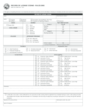 RECORD of LICENSE CODING RULES  Form