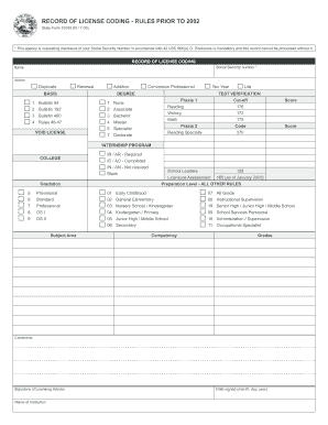 RECORD of LICENSE CODING RULES PRIOR to  Form