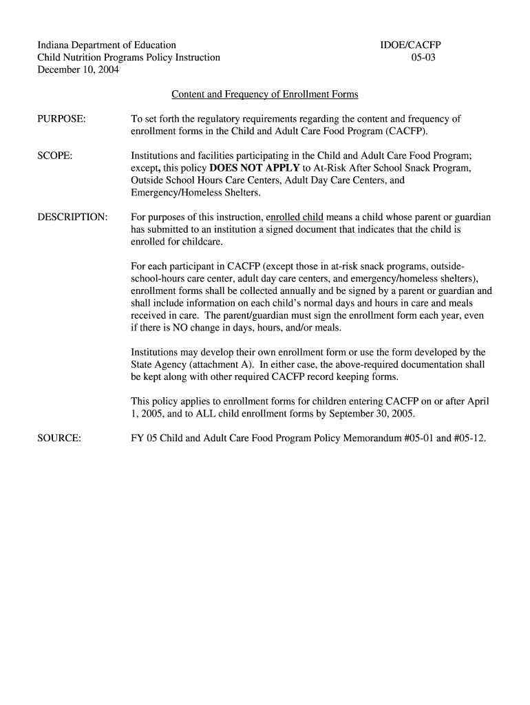 Child Nutrition Programs Policy Instruction 05 03 Content and Frequency of Enrollment Forms Doe in