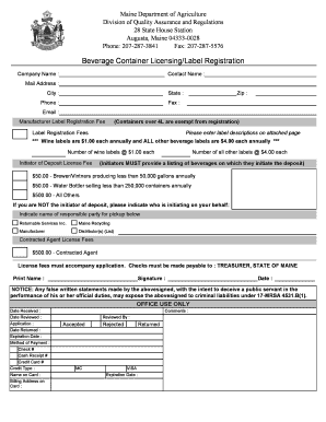 Maine Department of Agriculture Beverage Container Label Form