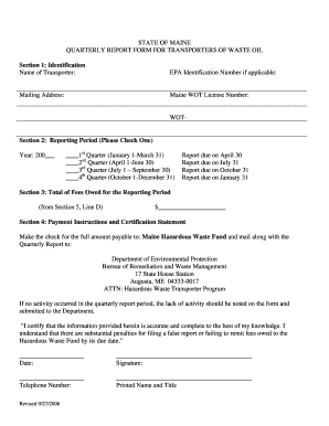 Quarterly Report Form for Waste Oil Transporters Maine Gov Maine