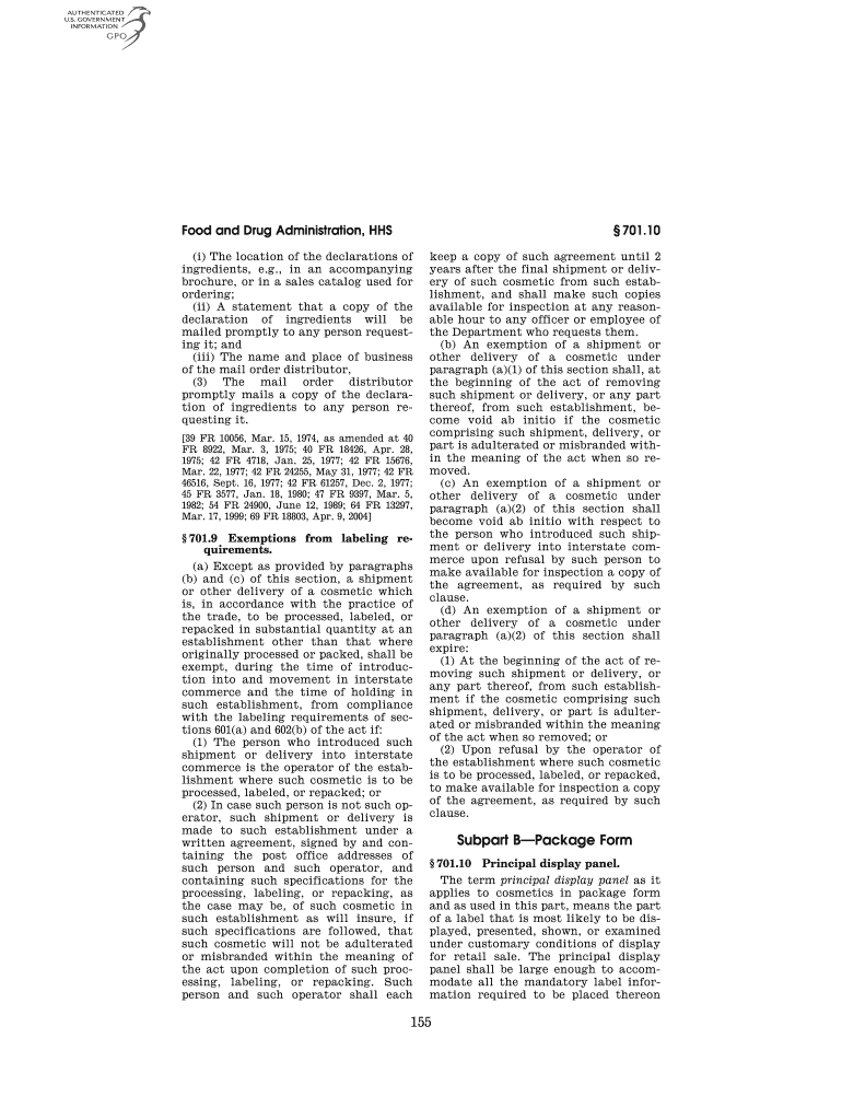 Food and Drug Administration, HHS I the Location of the Declarations of Ingredients, E Gpo  Form