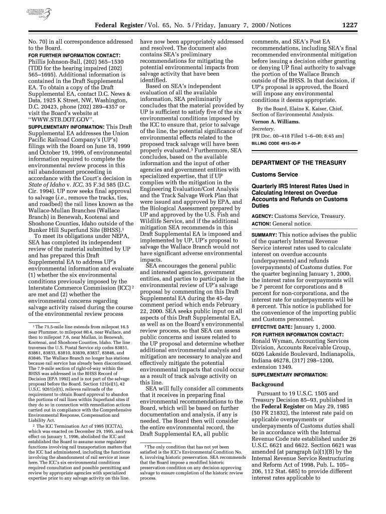 65 FR 1227 Quarterly IRS Interest Rates Used U S Government Gpo Form