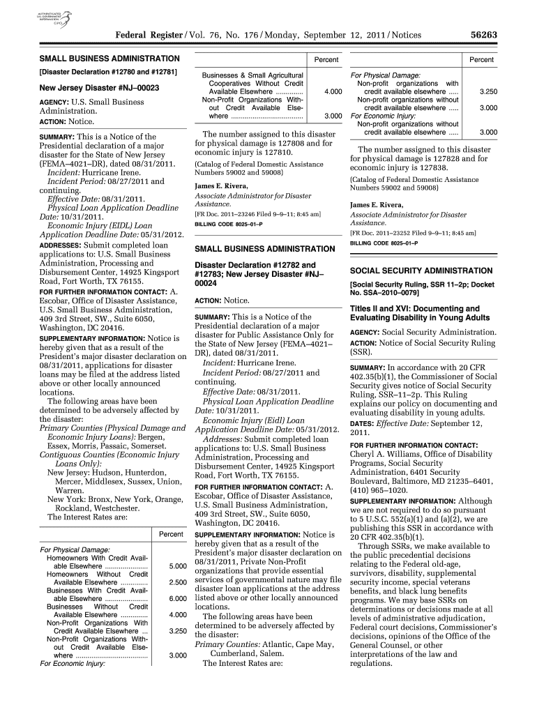 176 Monday, September 12, Notices SMALL BUSINESS ADMINISTRATION Disaster Declaration #12780 and #12781 Businesses &amp;amp  Form