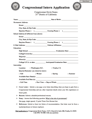 Congressional Intern Application Nunes House  Form