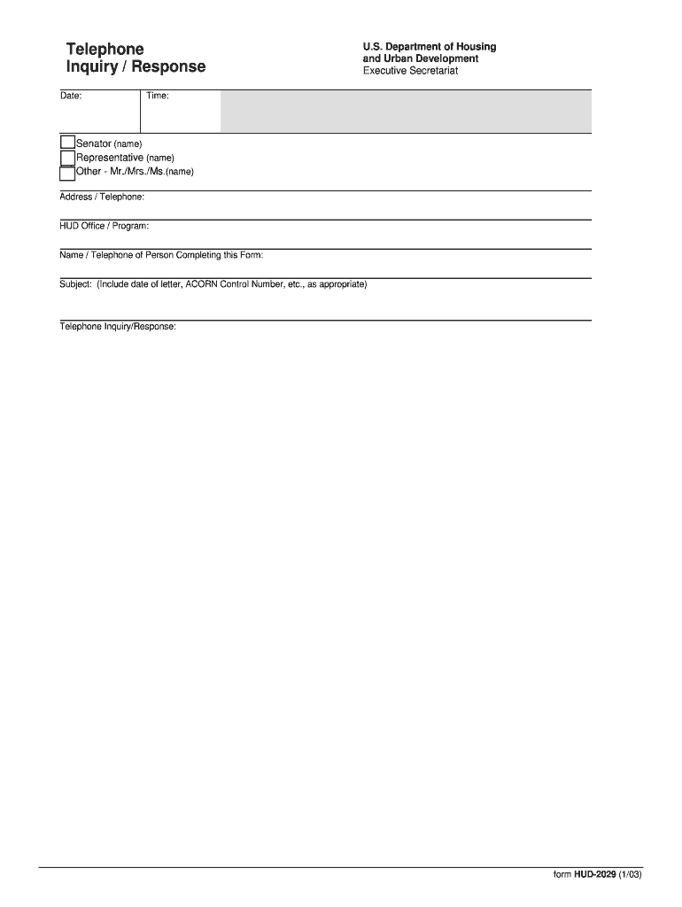 Telephone Inquiry Response HUD  Form